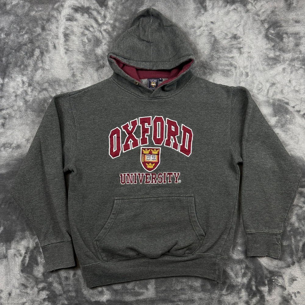 Oxford University Hoodie Mens Size M Gray Burgundy Collegiate Crest Pullover
